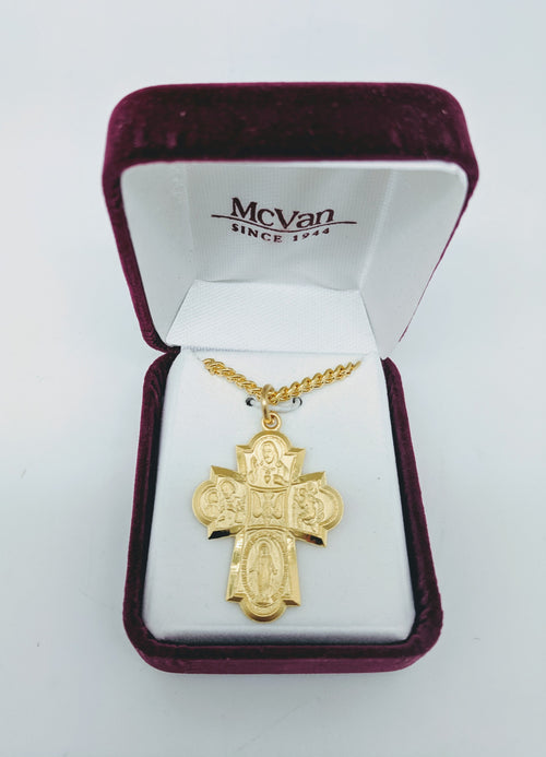 Gold over Sterling Silver 4-way medal (1 3/16") on 24" Gold plated chain - Unique Catholic Gifts