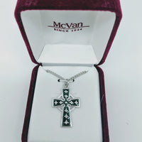 Sterling Silver with Green Celtic Crucifix  (7/8") on 18" Rhodium Chain - Unique Catholic Gifts