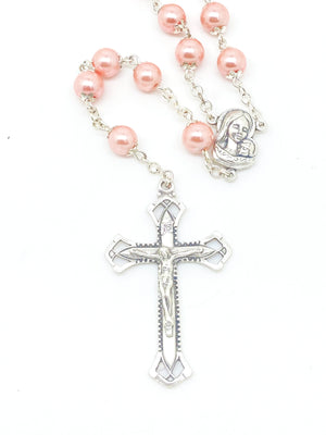Pink Silver Capped Glass Bead Rosary (23