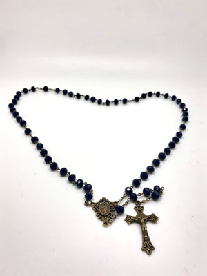 7MM Dark Blue Sun Cut Beads Antique Gold Rosary - Unique Catholic Gifts