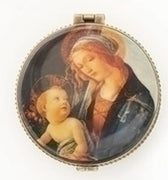 Round Porcelain Madonna and Child Rosary Box  2 1/3" - Unique Catholic Gifts