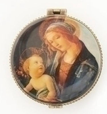 Round Porcelain Madonna and Child Rosary Box  2 1/3