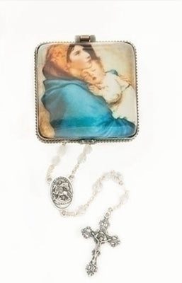 Square Porcelain Madonna and Child Rosary Box  2 1/3