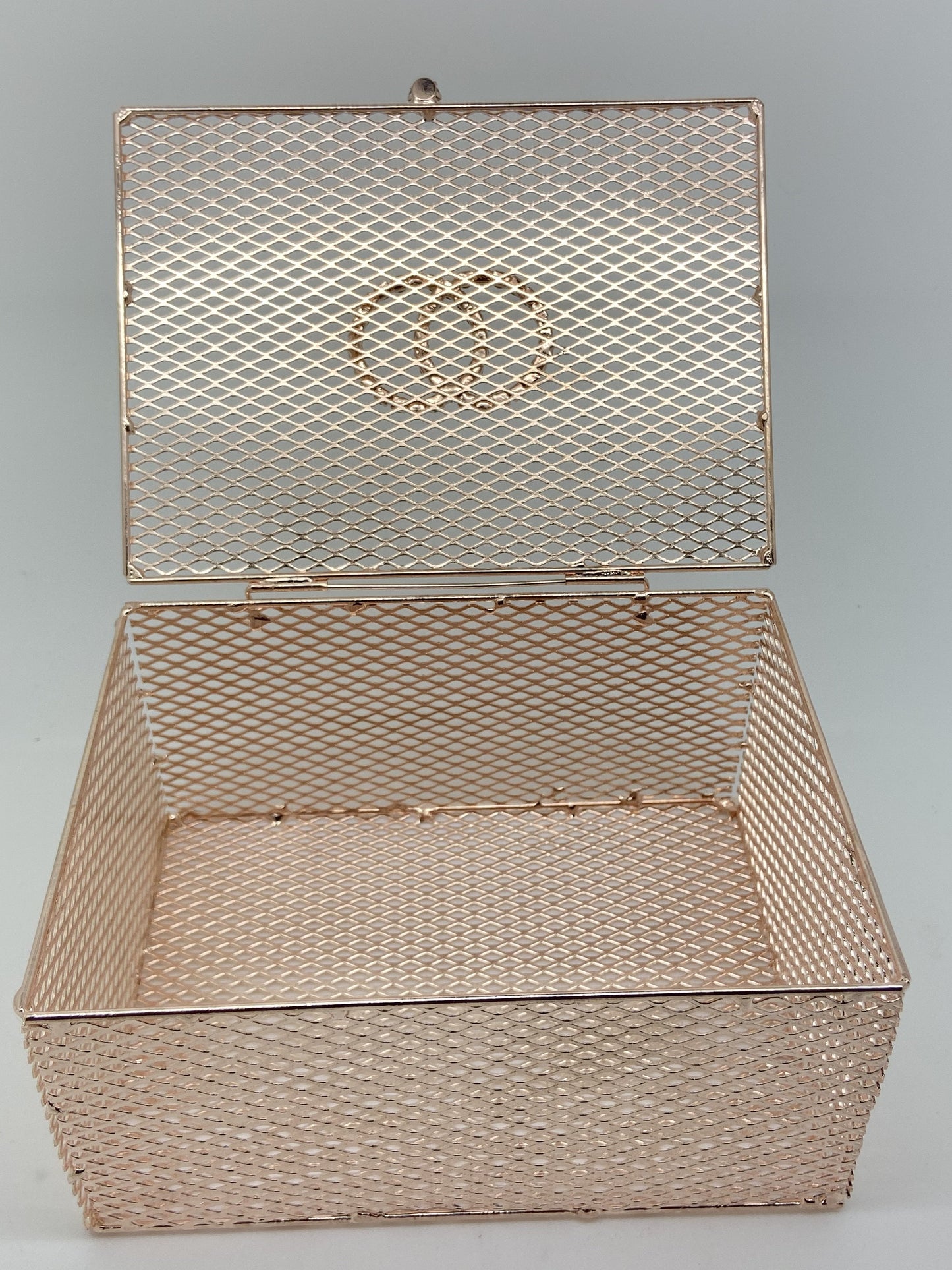 Rose Gold Mesh Box with Rhinestone Wedding Rings - Unique Catholic Gifts