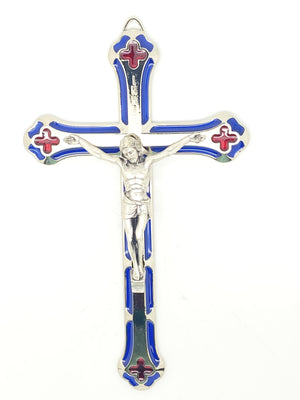 Blue and Red Enamel Salerni Cross Crucifix with Silver Tone Corpus 7