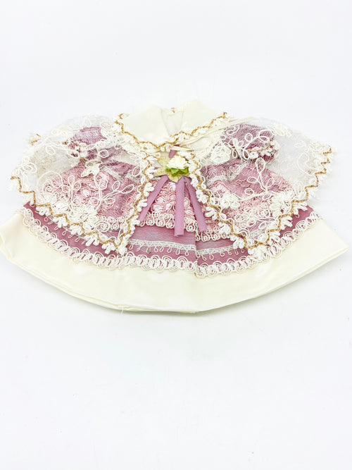Vestido de la Sagrada Familia Floral Rosa y Beige con Ribete Dorado, Candelaria - Unique Catholic Gifts
