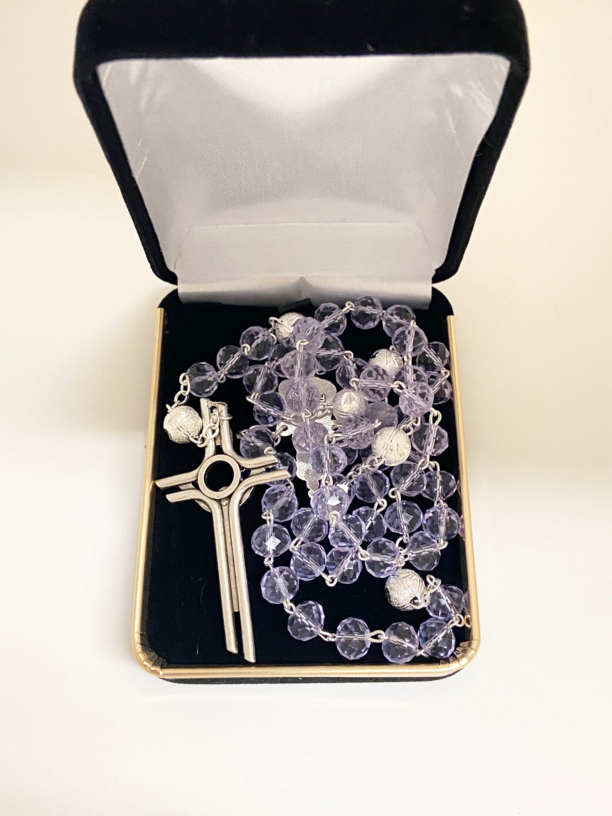 Blue to Lavender Crystal Rosary with Silver Our Father Beads from Fatima (8MM) - Unique Catholic Gifts