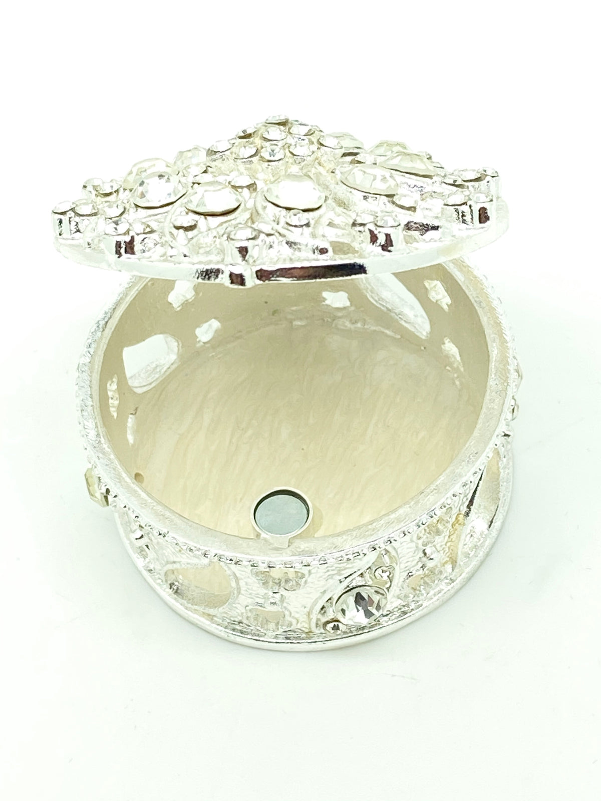 Round Silver and Crystals Arras Keepsake Box 2 1/2" - Unique Catholic Gifts