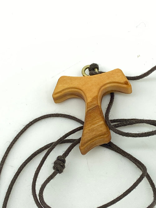 1" Olivewood Tau Cross on Brown Cord - Unique Catholic Gifts