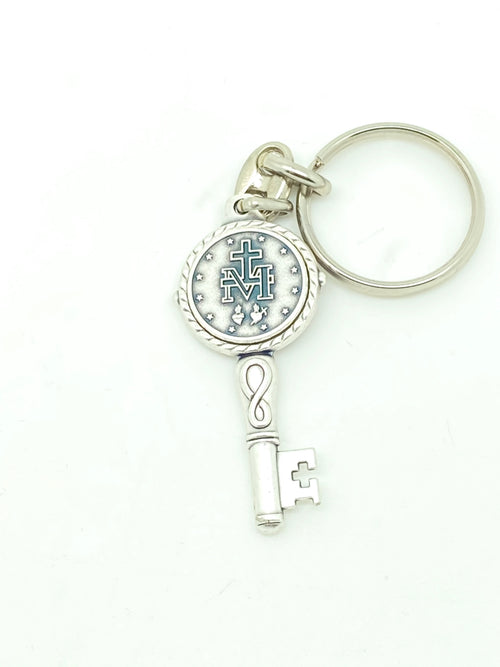 Silver Key Shaped Lady of Grace Keychain - Unique Catholic Gifts