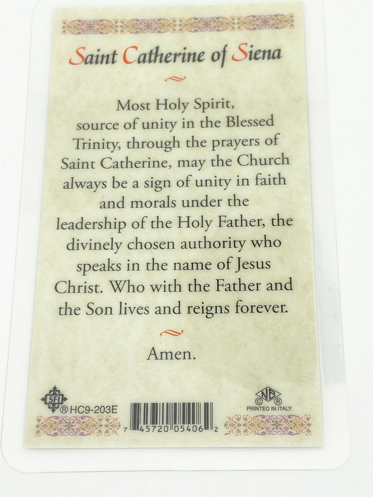 St. Catherine of Sienna Laminated Holy Card (Plastic Covered) - Unique Catholic Gifts