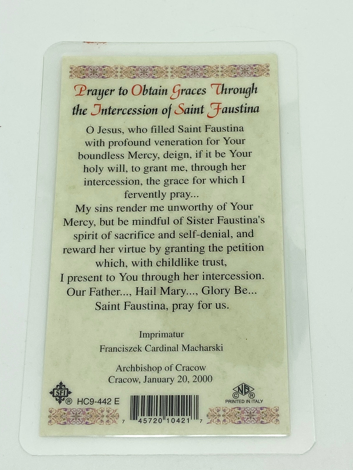 St. Faustina Laminated Holy Card (Plastic Covered) - Unique Catholic Gifts
