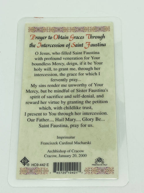 St. Faustina Laminated Holy Card (Plastic Covered) - Unique Catholic Gifts
