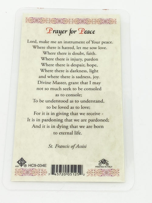St Francis Prayer for Peace Laminated Holy Card (Plastic Covered) - Unique Catholic Gifts