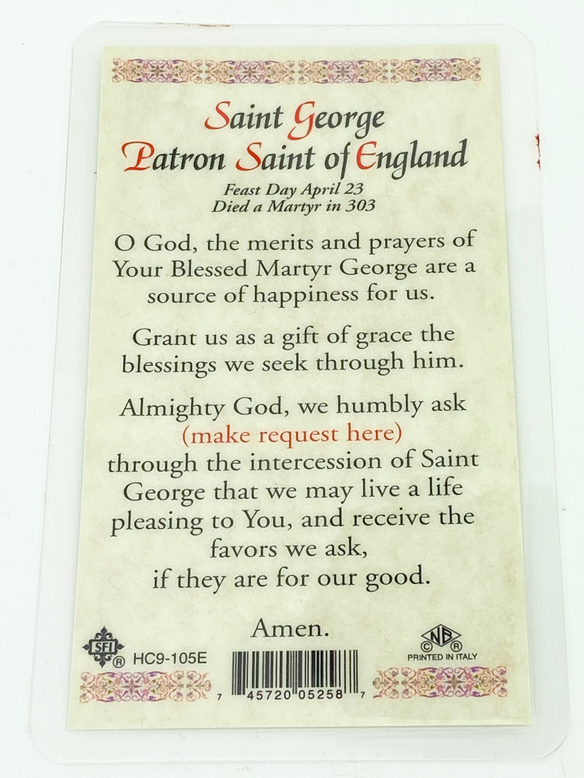 St. George Laminated Holy Card (Plastic Covered) - Unique Catholic Gifts