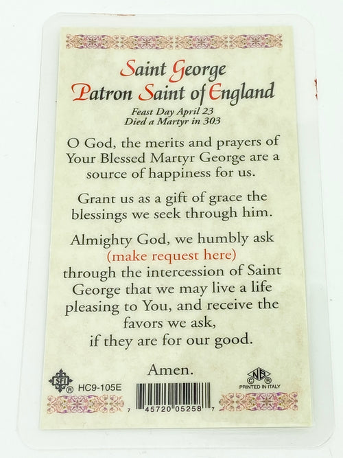 St. George Laminated Holy Card (Plastic Covered) - Unique Catholic Gifts