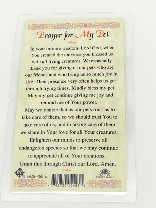 St Francis Prayer for Pets Laminated Holy Card (Plastic Covered) - Unique Catholic Gifts