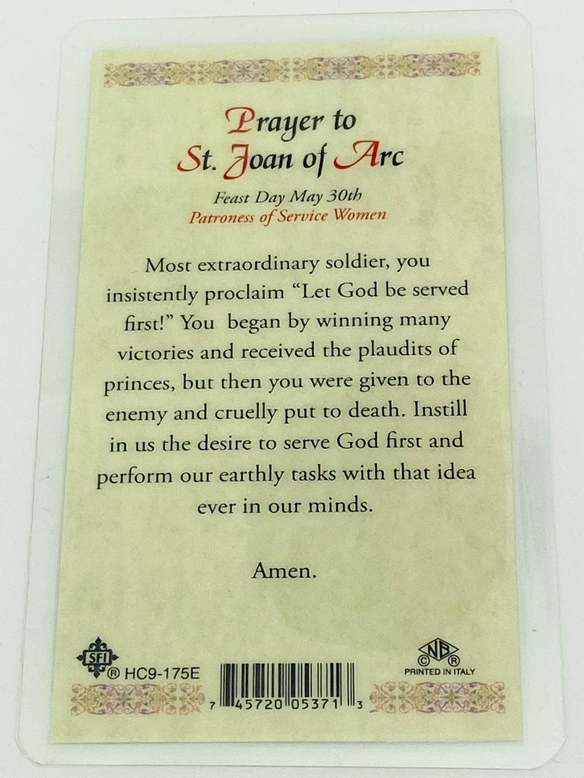 St. Joan of Arc Laminated Holy Card (Plastic Covered) - Unique Catholic Gifts