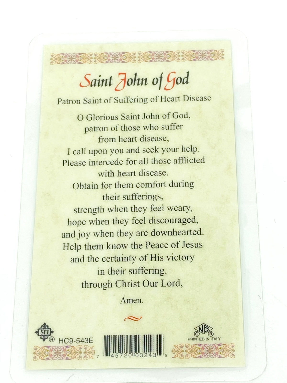 St. John of God Laminated Holy Card (Plastic Covered) - Unique Catholic Gifts