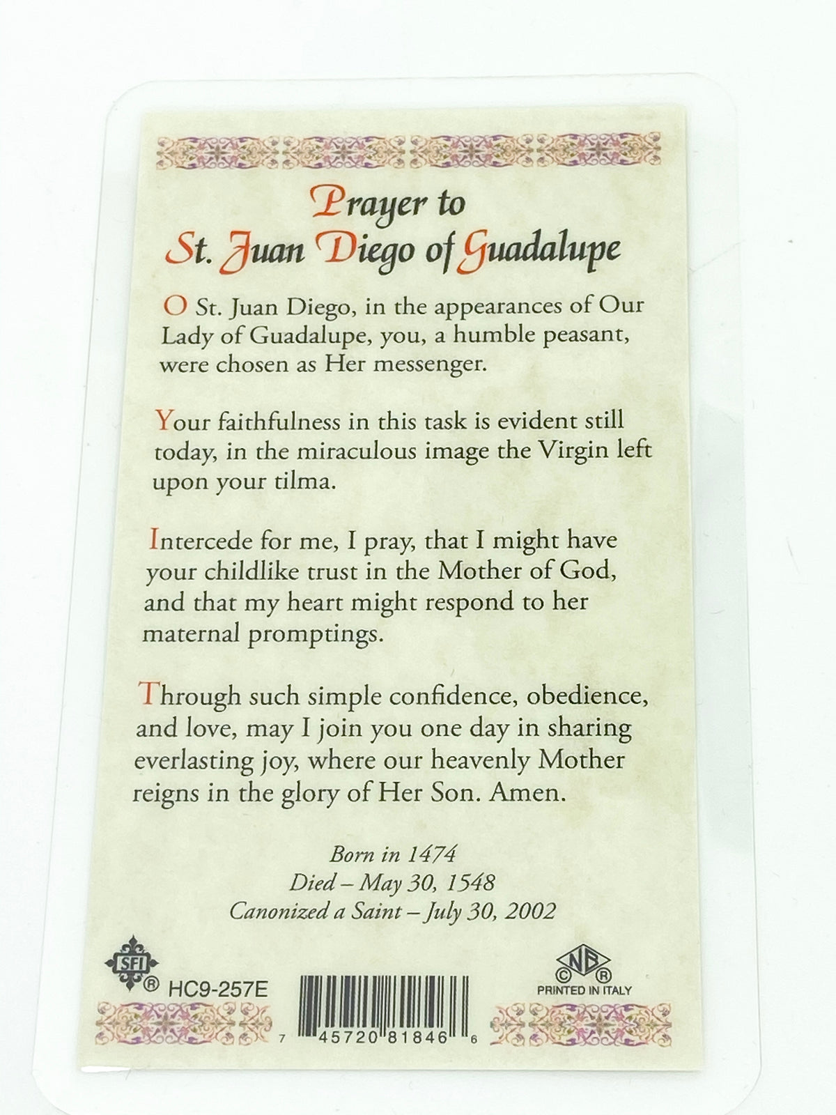 St. Juan Diego Laminated Holy Card (Plastic Covered) - Unique Catholic Gifts