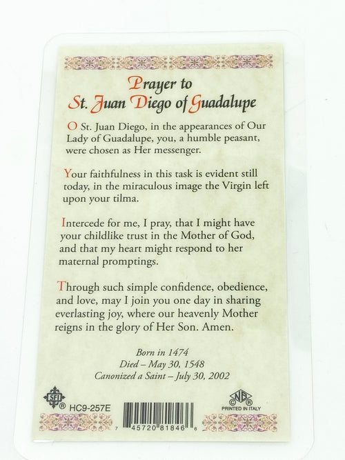 St. Juan Diego Laminated Holy Card (Plastic Covered) - Unique Catholic Gifts