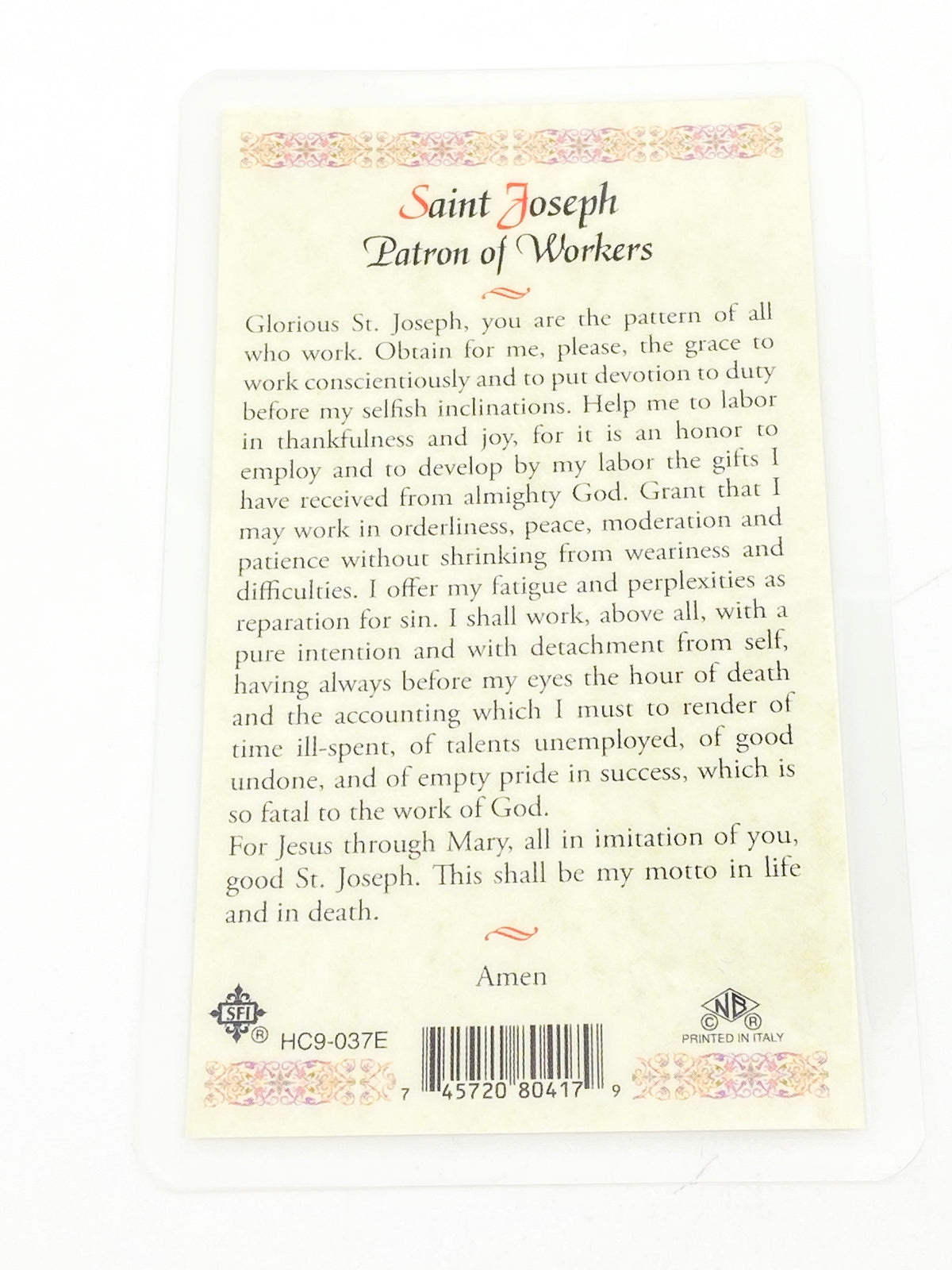 St. Joseph Patron Saint of Workers Laminated Holy Card (Plastic Covered) - Unique Catholic Gifts