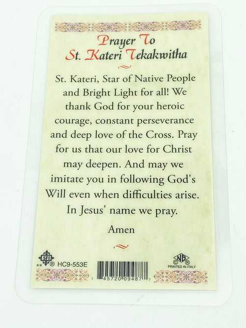 St. Kateri Tekakwitha Laminated Holy Card (Plastic Covered) - Unique Catholic Gifts