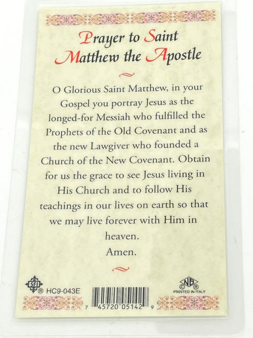 St. Matthew the Apostle Laminated Holy Card (Plastic Covered) - Unique Catholic Gifts