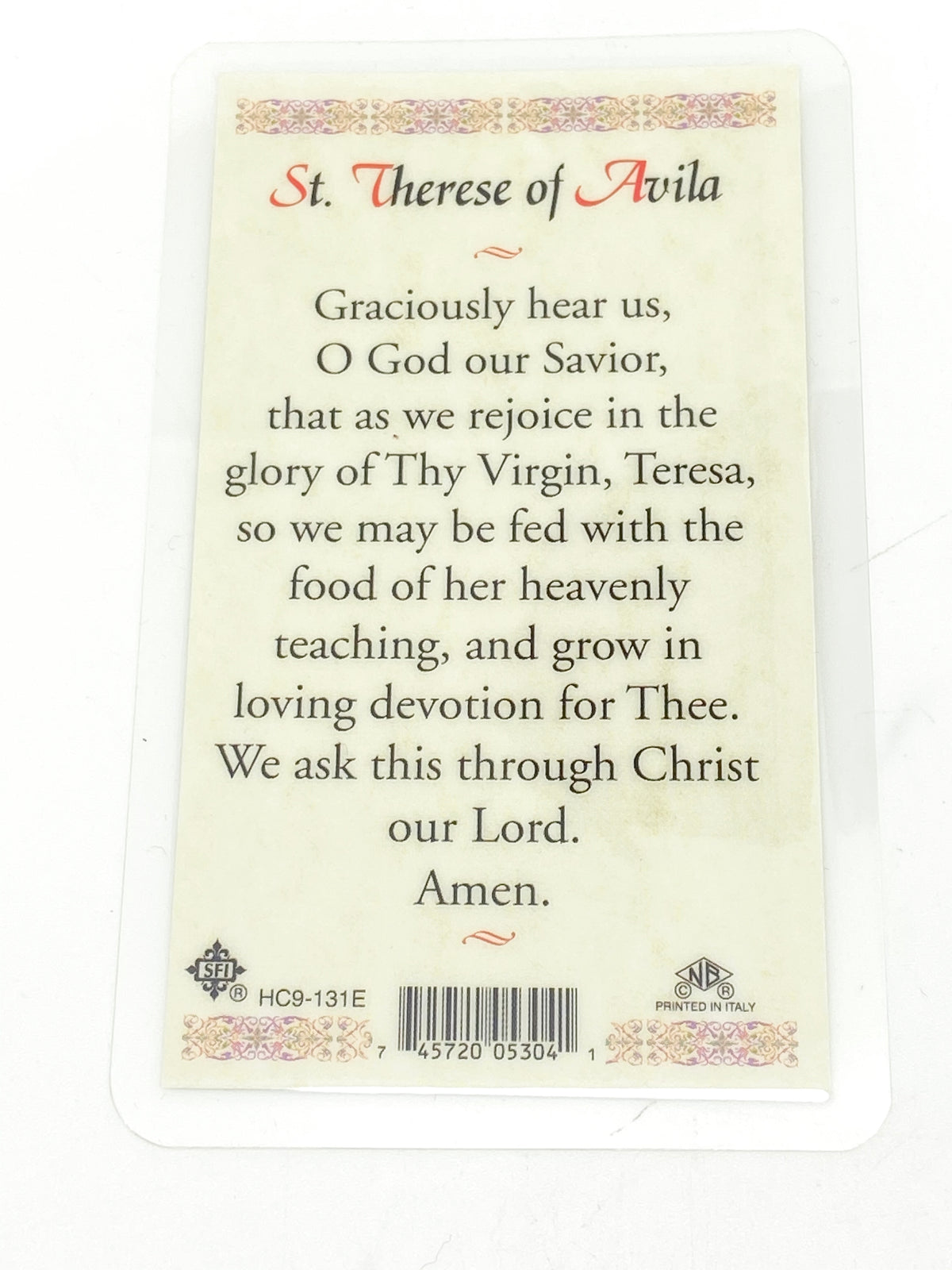 St. Therese of Avila Laminated Holy Card (Plastic Covered) - Unique Catholic Gifts