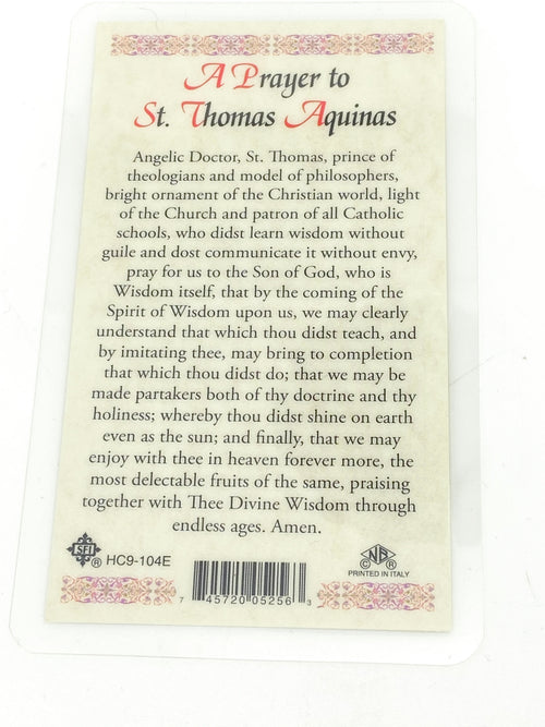 St. Thomas Aquinas Laminated Holy Card (Plastic Covered) - Unique Catholic Gifts