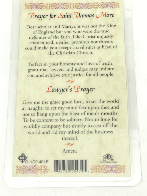 St. Thomas More Laminated Holy Card (Plastic Covered) - Unique Catholic Gifts