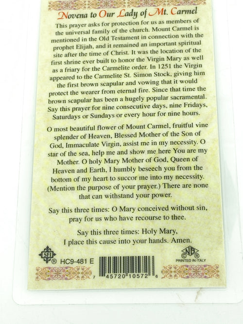 Novena to Our Lady of Mt. Carmel  Laminated Holy Card (Plastic Covered) - Unique Catholic Gifts