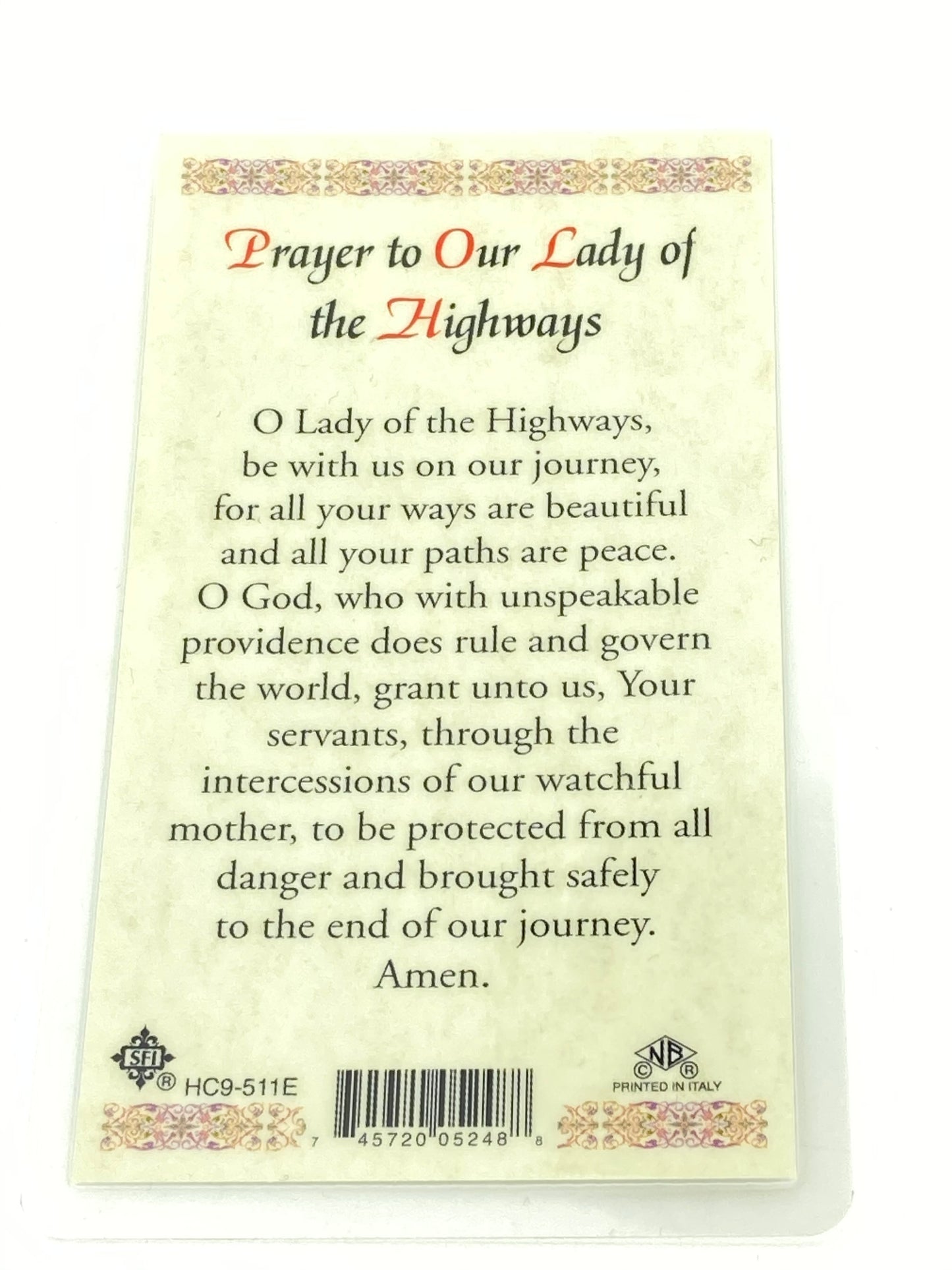 Our Lady of the Highways Laminated Holy Card (Plastic Covered) - Unique Catholic Gifts