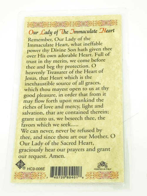 Our Lady of the Immaculate Heart  Laminated Holy Card (Plastic Covered) - Unique Catholic Gifts