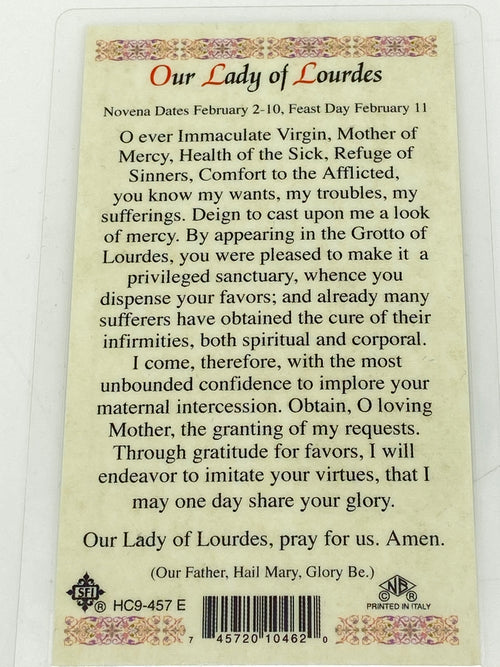 Our Lady of Lourdes Laminated Holy Card (Plastic Covered) - Unique Catholic Gifts