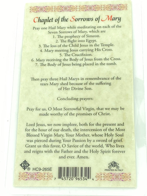 Our Lady of the Seven Sorrows Laminated Holy Card (Plastic Covered) - Unique Catholic Gifts