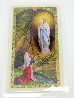 Our Lady of Lourdes  with Bernadette Laminated Holy Card (Plastic Covered) - Unique Catholic Gifts