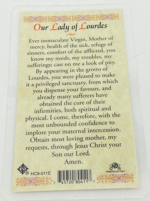 Our Lady of Lourdes  with Bernadette Laminated Holy Card (Plastic Covered) - Unique Catholic Gifts