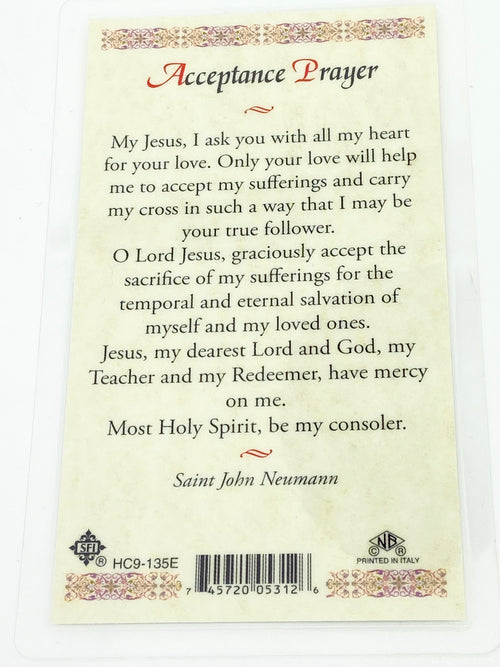 Acceptance Prayer Laminated Holy Card (Plastic Covered) - Unique Catholic Gifts
