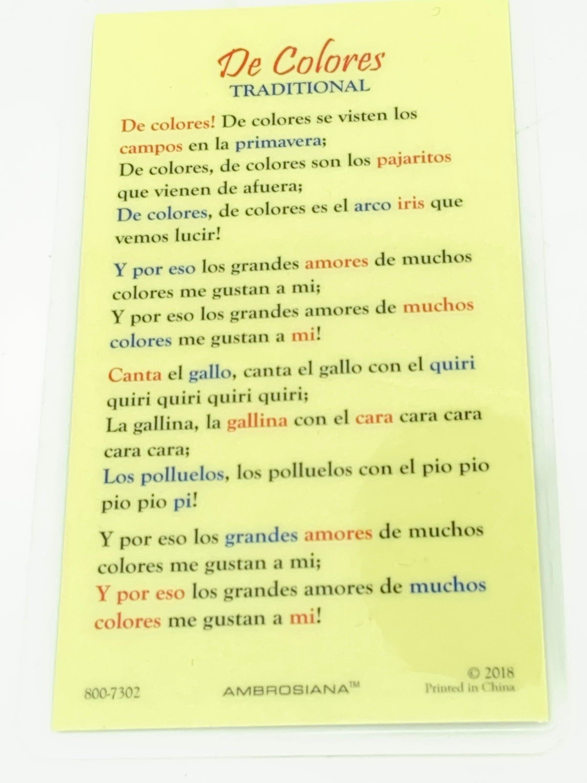De Colores Laminated Holy Card (Plastic Covered) - Unique Catholic Gifts