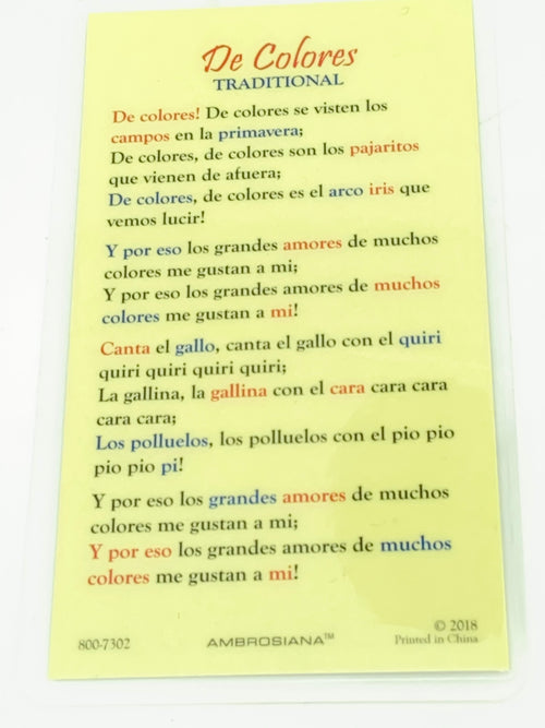De Colores Laminated Holy Card (Plastic Covered) - Unique Catholic Gifts