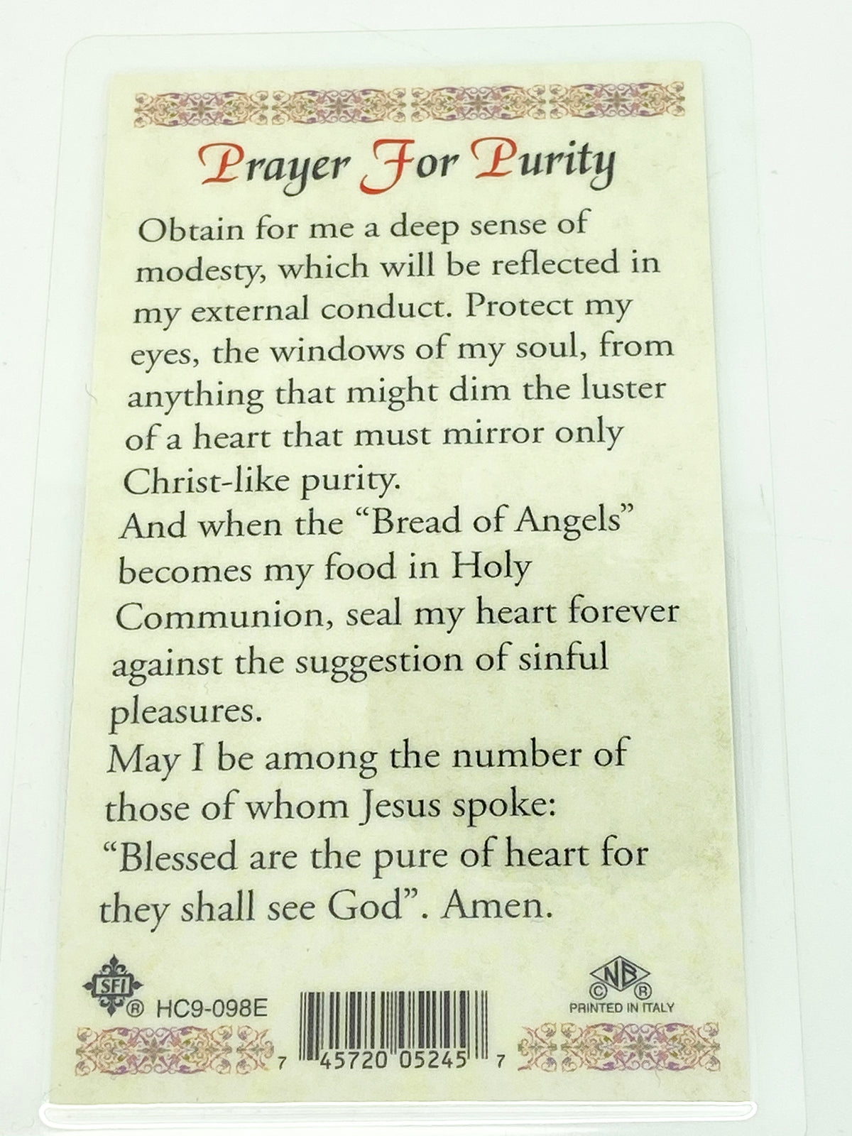 Purity Laminated Holy Card (Plastic Covered) - Unique Catholic Gifts