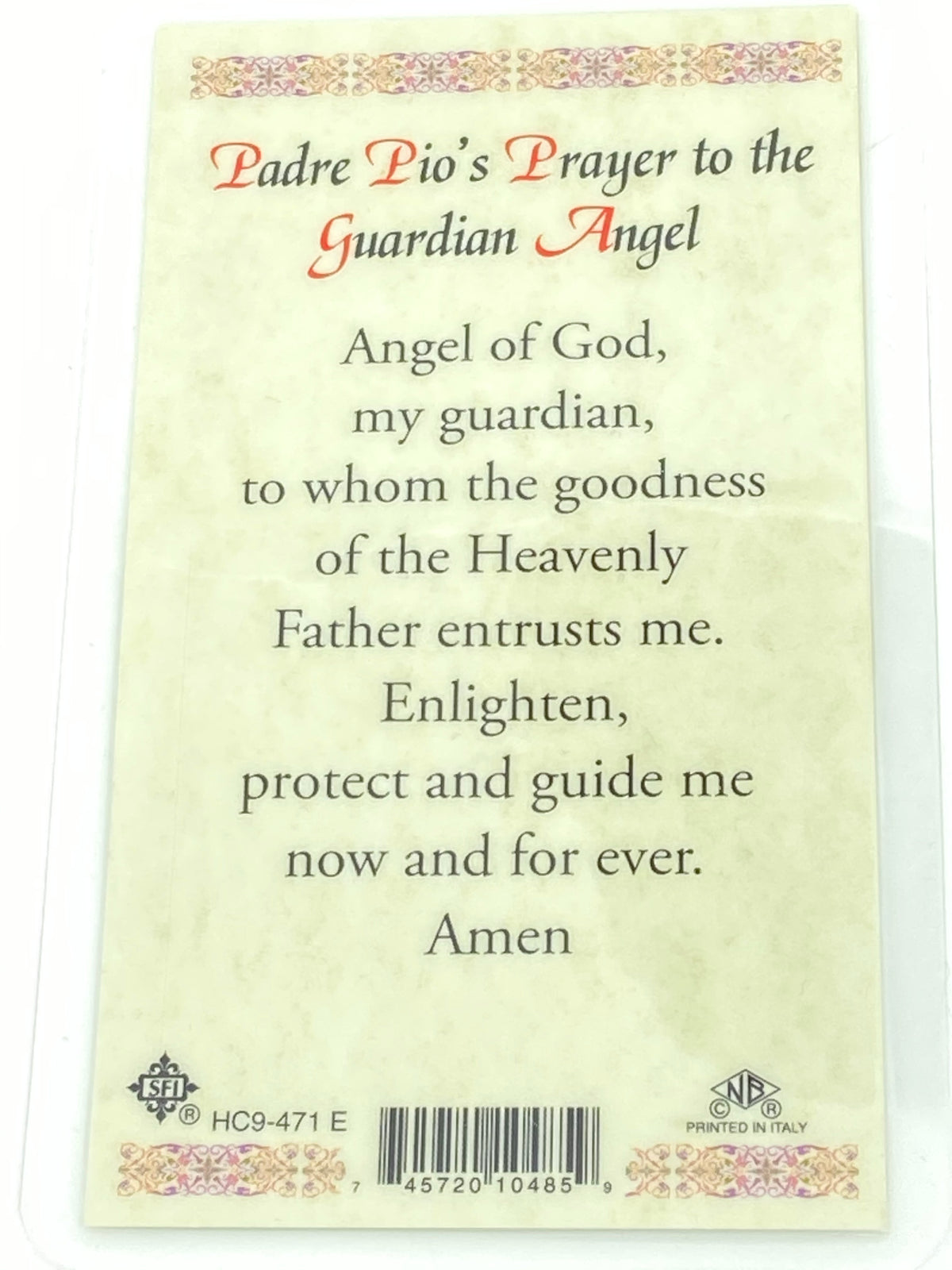 Padre Pio's  Guardian Angel Prayer Laminated Holy Card (Plastic Covered) - Unique Catholic Gifts