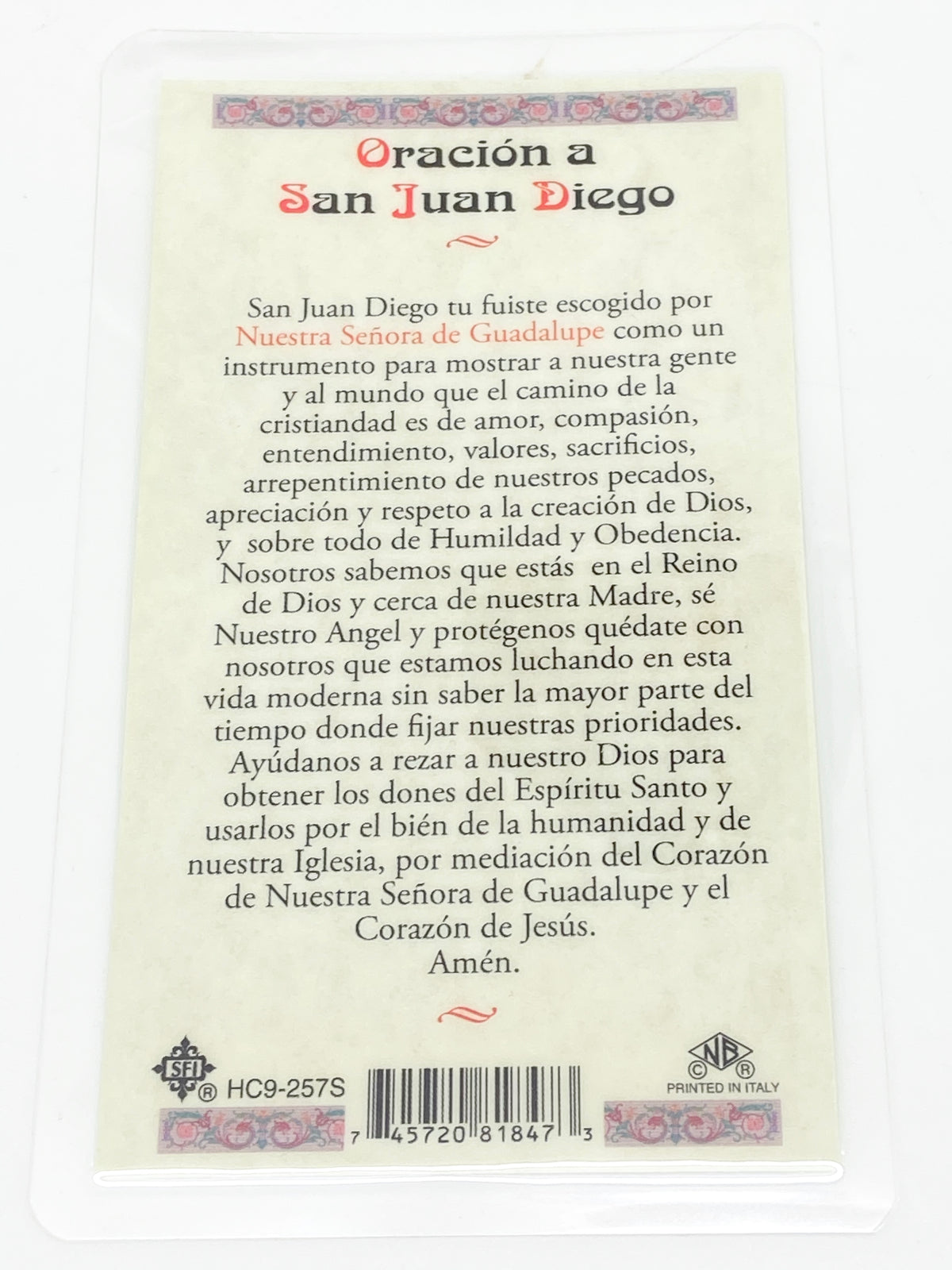 Tarjeta de oración de San Juan Diego laminada (Cubierta de Plástico) - Unique Catholic Gifts