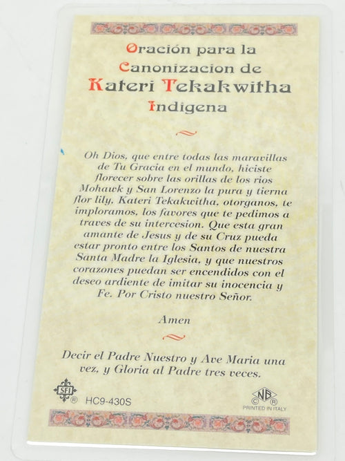 Santa Kateri Tekakwitha Tarjeta Sagrada laminada (Cubierta de Plástico) - Unique Catholic Gifts