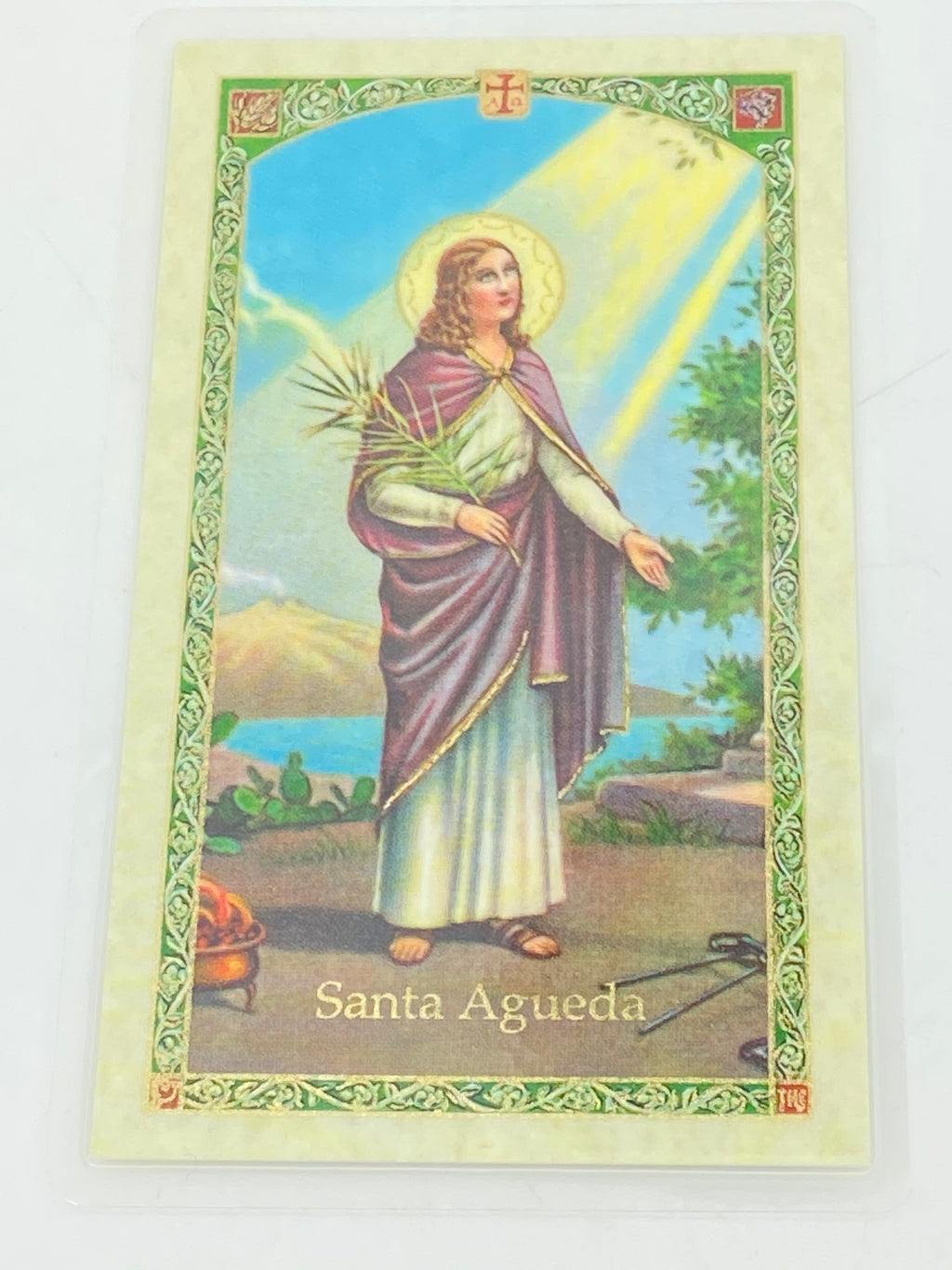 Santa Agueda Tarjeta Sagrada laminada (Cubierta de Plástico) - Unique Catholic Gifts