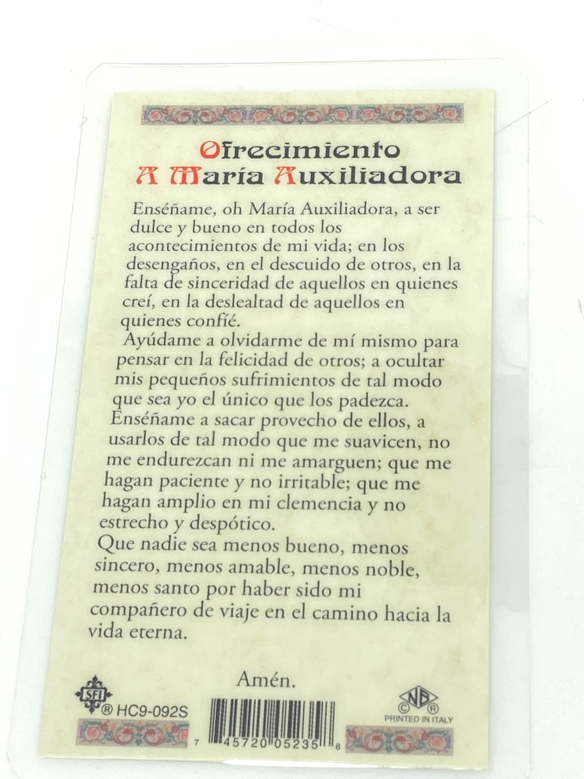 Maria Auxiliadora Tarjeta Sagrada laminada (Cubierta de Plástico) - Unique Catholic Gifts