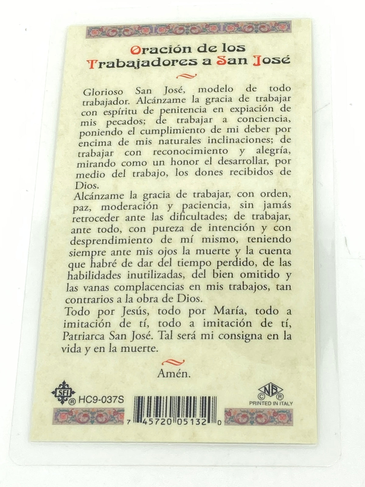 Trabajadores a San Jose Tarjeta Sagrada laminada (Cubierta de Plástico) - Unique Catholic Gifts