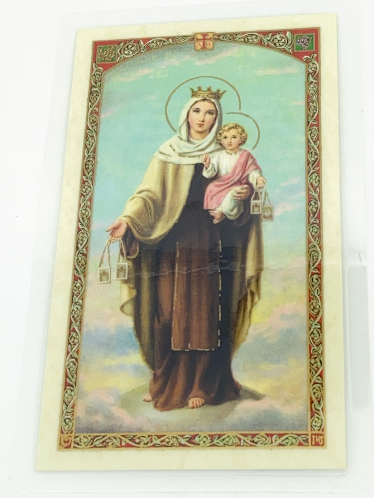 Virgen de Carmel Tarjeta Sagrada laminada (Cubierta de Plástico) - Unique Catholic Gifts