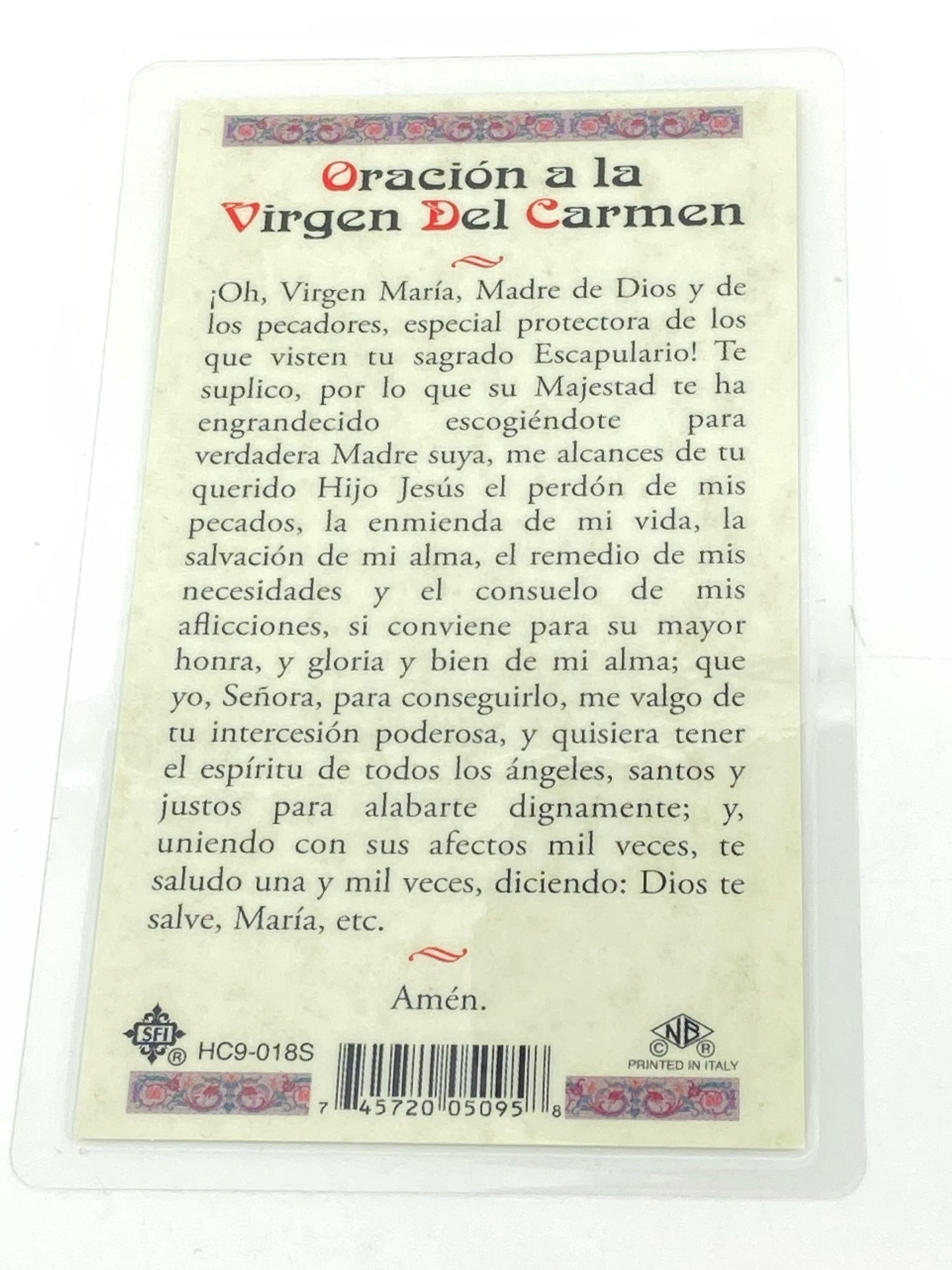 Virgen de Carmel Tarjeta Sagrada laminada (Cubierta de Plástico) - Unique Catholic Gifts
